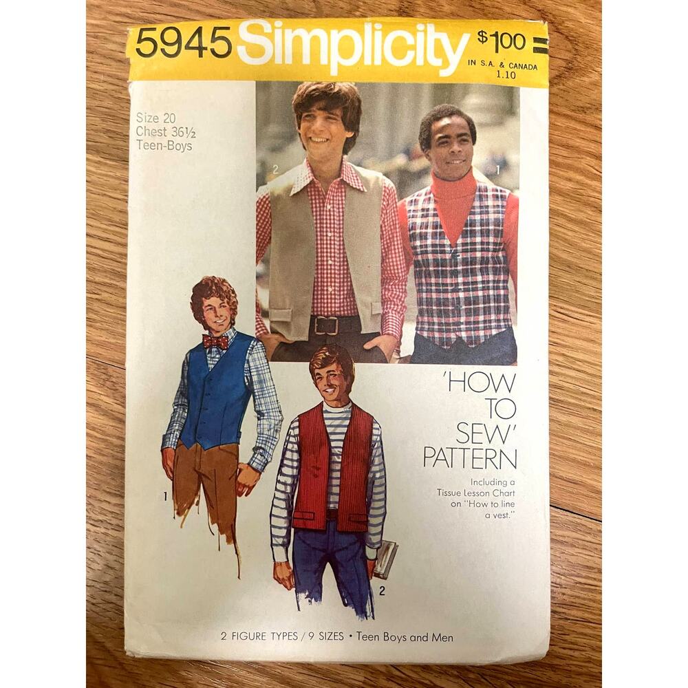 Vintage 1970s Simplicity 5945 Sewing Pattern Size Small 20 Mens Vest COMPLETE